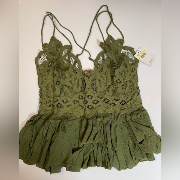 #137 Free People NWT Adella Cami Olive Green Lace Ruffled Tank Top - Picture 6 of 7